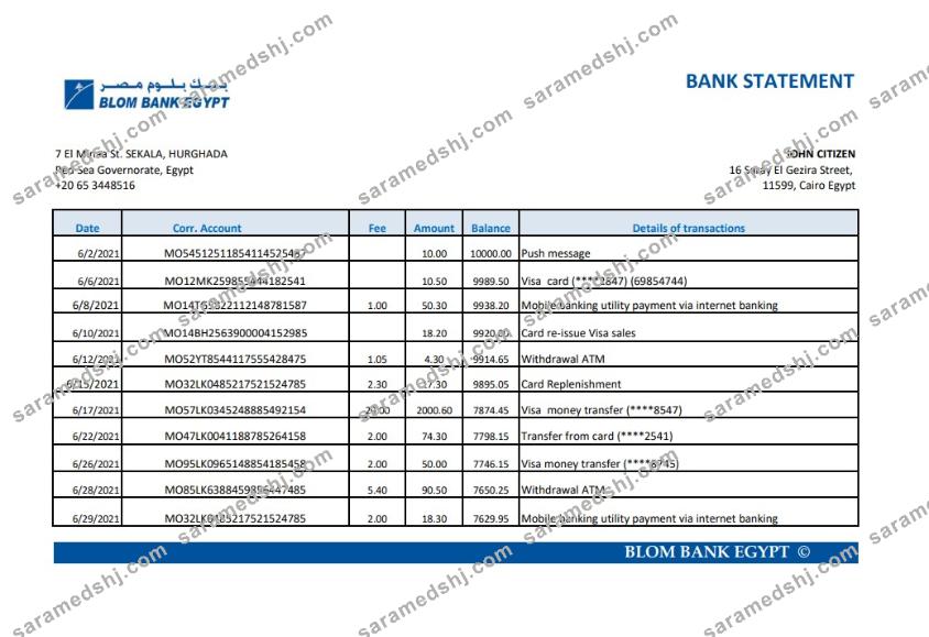 Egypt Blom Bank of Egypt bank statement easy to fill template in Excel and PDF format